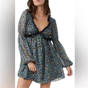FREE PEOPLE Pennie Floral Lace Ruffle Trim Babydoll Minidress